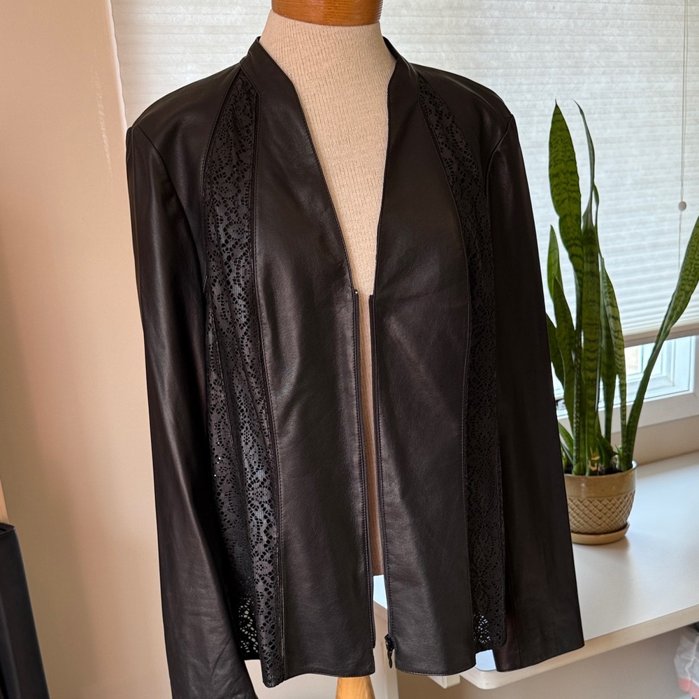 Unique lace design silk and leather jacket